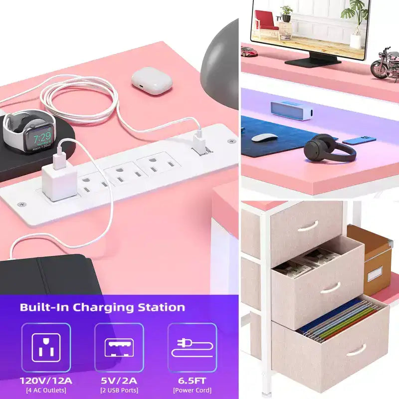 Bureau d'ordinateur de 43 pouces, bureau en L avec prises de courant et lumières LED, bureau de jeu à 3 tiroirs avec étagères de rangement et support d'écran