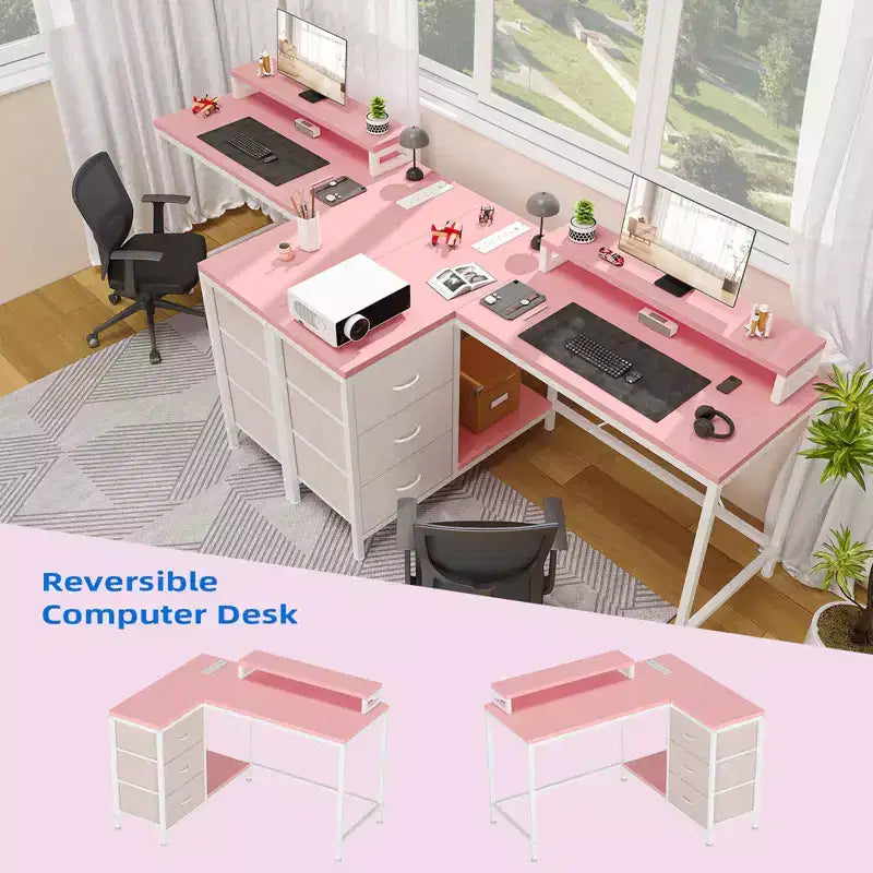 Bureau d'ordinateur de 43 pouces, bureau en L avec prises de courant et lumières LED, bureau de jeu à 3 tiroirs avec étagères de rangement et support d'écran
