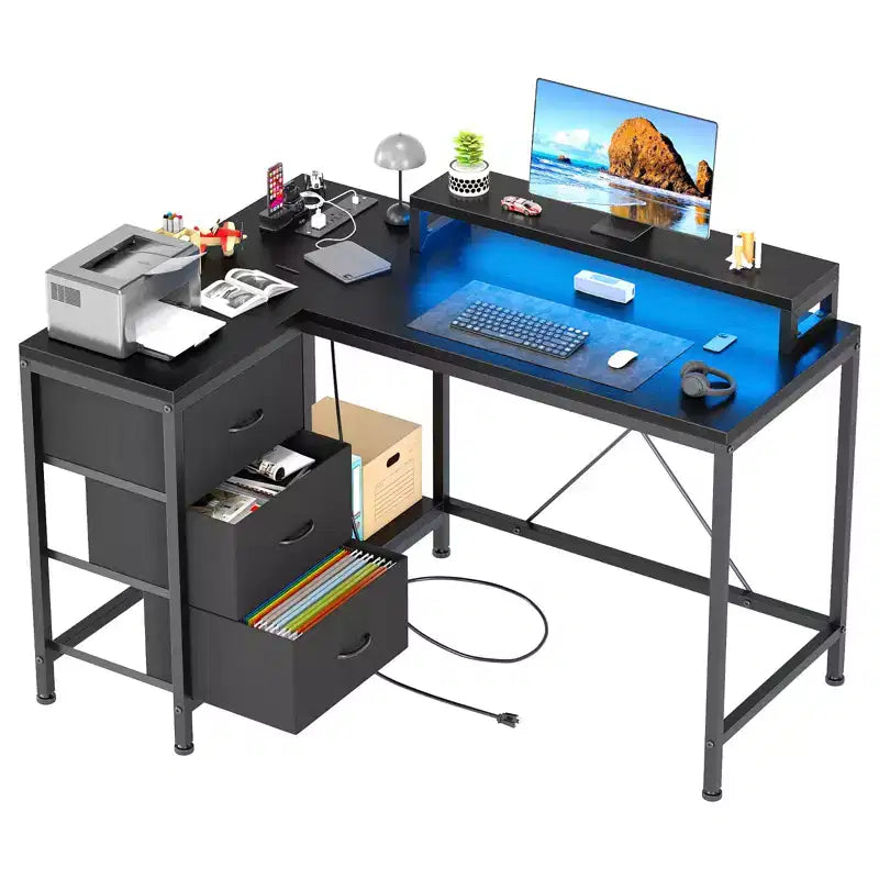 Bureau d'ordinateur de 43 pouces, bureau en L avec prises de courant et lumières LED, bureau de jeu à 3 tiroirs avec étagères de rangement et support d'écran