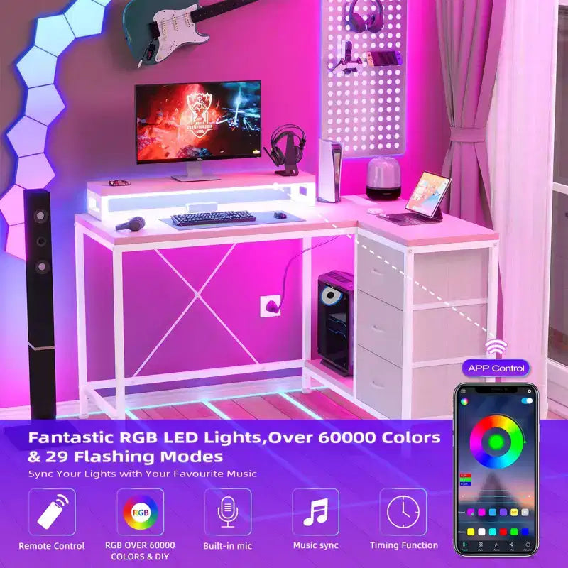 Bureau d'ordinateur de 43 pouces, bureau en L avec prises de courant et lumières LED, bureau de jeu à 3 tiroirs avec étagères de rangement et support d'écran