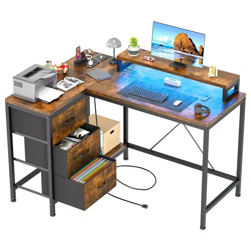 Bureau d'ordinateur de 43 pouces, bureau en L avec prises de courant et lumières LED, bureau de jeu à 3 tiroirs avec étagères de rangement et support d'écran
