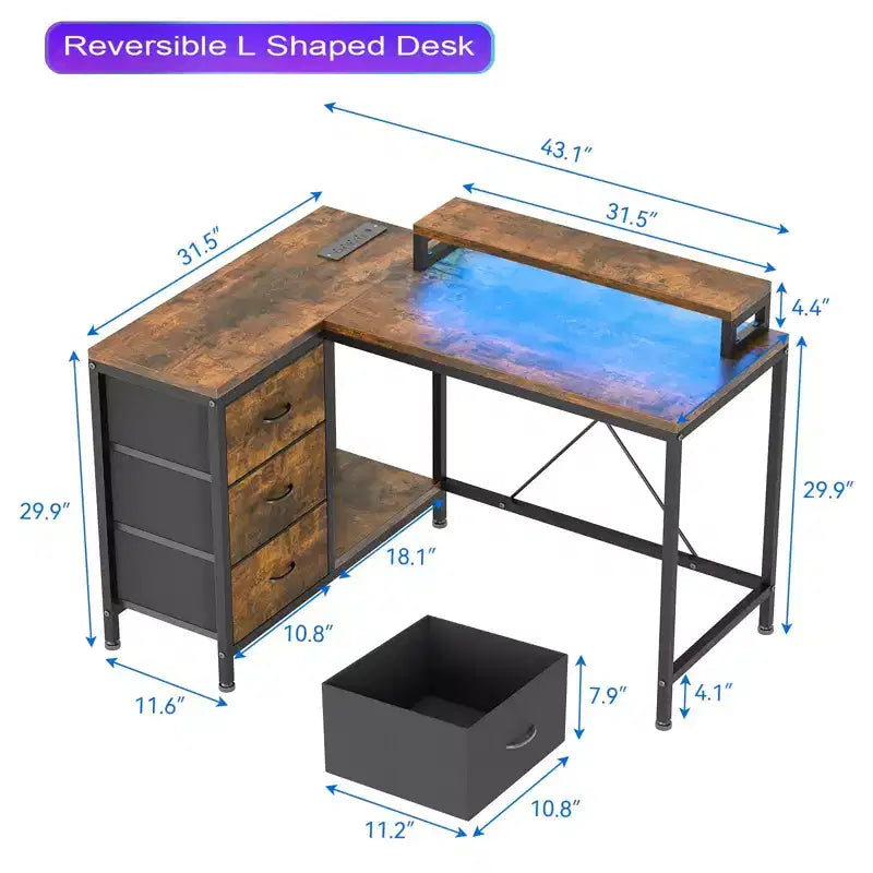 Bureau d'ordinateur de 43 pouces, bureau en L avec prises de courant et lumières LED, bureau de jeu à 3 tiroirs avec étagères de rangement et support d'écran