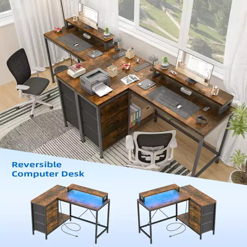 Bureau d'ordinateur de 43 pouces, bureau en L avec prises de courant et lumières LED, bureau de jeu à 3 tiroirs avec étagères de rangement et support d'écran