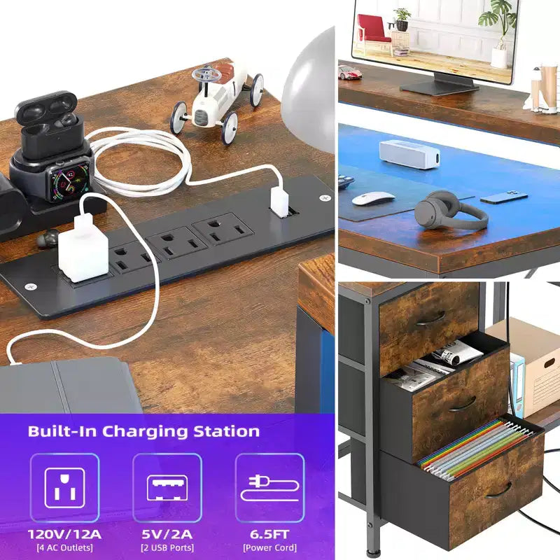 Bureau d'ordinateur de 43 pouces, bureau en L avec prises de courant et lumières LED, bureau de jeu à 3 tiroirs avec étagères de rangement et support d'écran