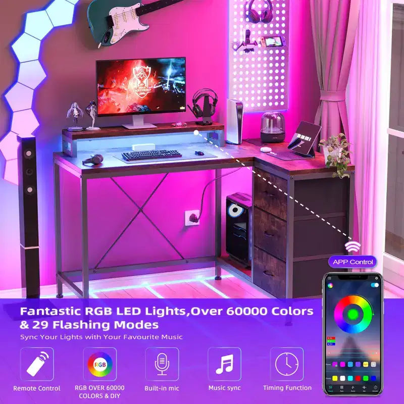 Bureau d'ordinateur de 43 pouces, bureau en L avec prises de courant et lumières LED, bureau de jeu à 3 tiroirs avec étagères de rangement et support d'écran