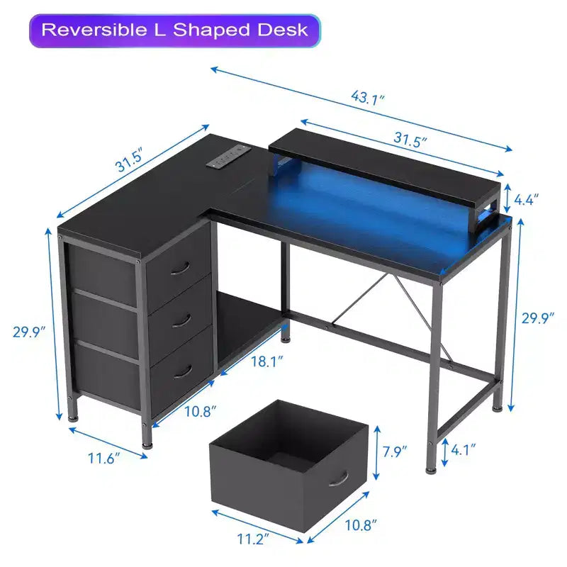 Bureau d'ordinateur de 43 pouces, bureau en L avec prises de courant et lumières LED, bureau de jeu à 3 tiroirs avec étagères de rangement et support d'écran