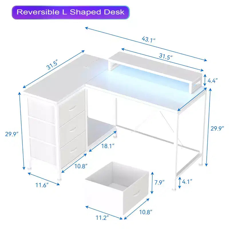 Bureau d'ordinateur de 43 pouces, bureau en L avec prises de courant et lumières LED, bureau de jeu à 3 tiroirs avec étagères de rangement et support d'écran