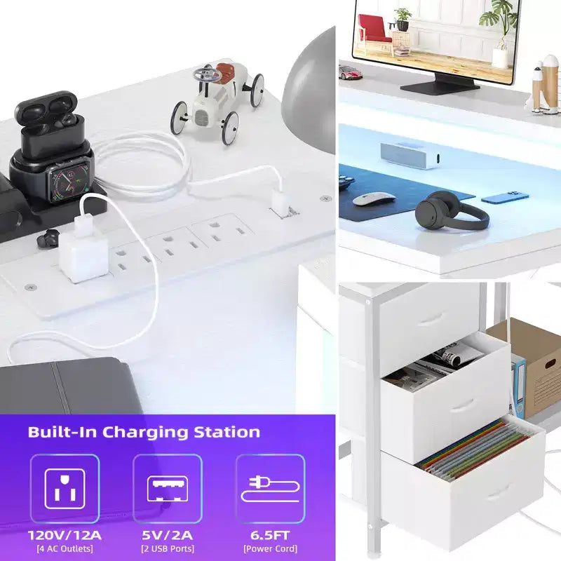 Bureau d'ordinateur de 43 pouces, bureau en L avec prises de courant et lumières LED, bureau de jeu à 3 tiroirs avec étagères de rangement et support d'écran