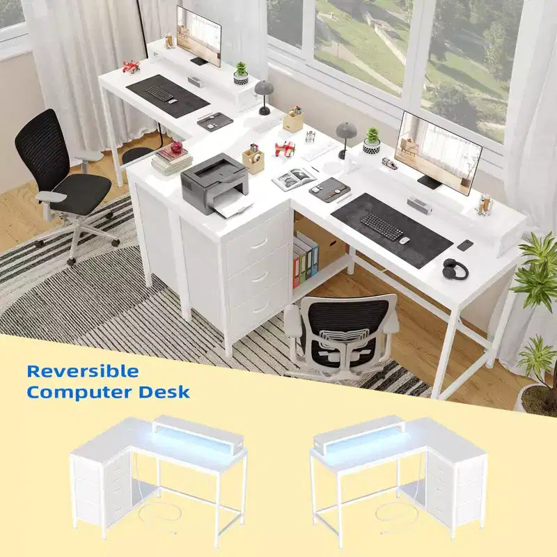 Bureau d'ordinateur de 43 pouces, bureau en L avec prises de courant et lumières LED, bureau de jeu à 3 tiroirs avec étagères de rangement et support d'écran
