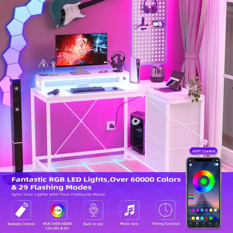 Bureau d'ordinateur de 43 pouces, bureau en L avec prises de courant et lumières LED, bureau de jeu à 3 tiroirs avec étagères de rangement et support d'écran