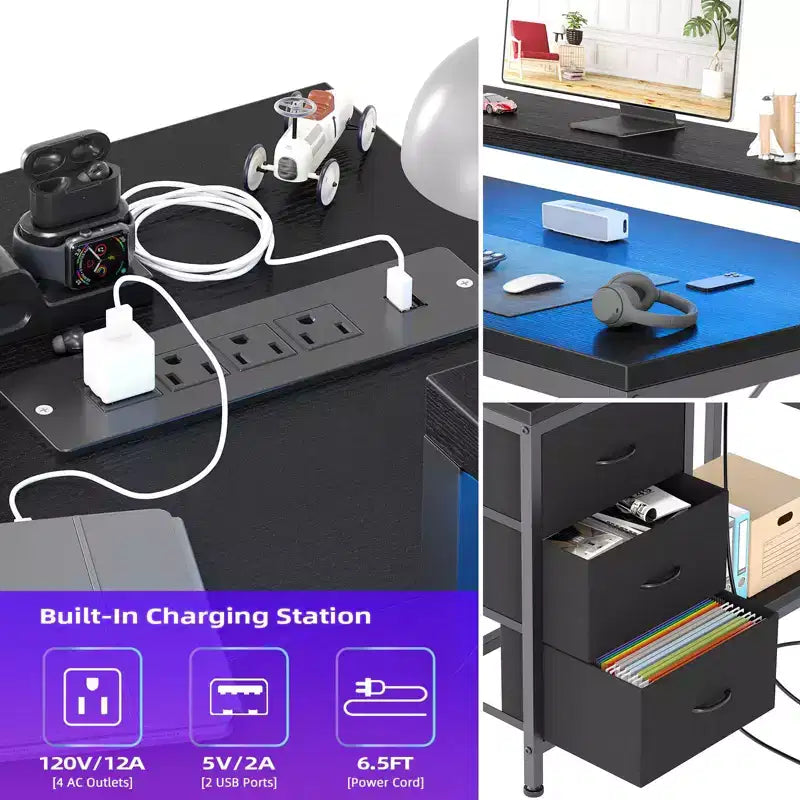 Bureau d'ordinateur de 43 pouces, bureau en L avec prises de courant et lumières LED, bureau de jeu à 3 tiroirs avec étagères de rangement et support d'écran