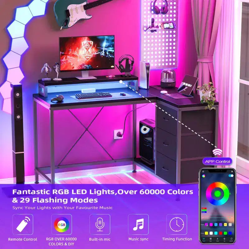 Bureau d'ordinateur de 43 pouces, bureau en L avec prises de courant et lumières LED, bureau de jeu à 3 tiroirs avec étagères de rangement et support d'écran