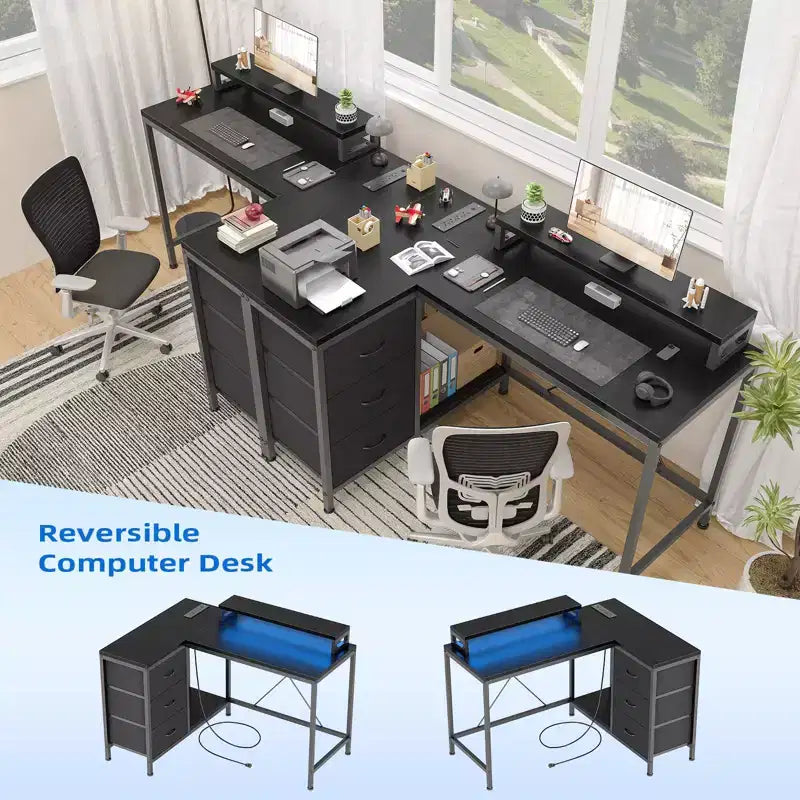 Bureau d'ordinateur de 43 pouces, bureau en L avec prises de courant et lumières LED, bureau de jeu à 3 tiroirs avec étagères de rangement et support d'écran