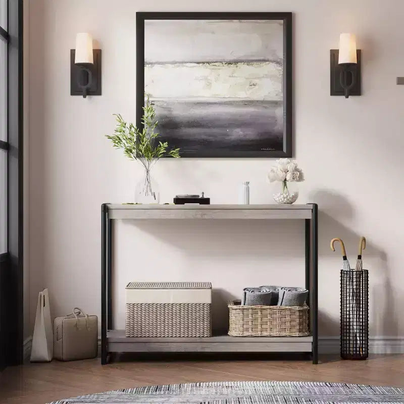 Table console avec rangement - Table basse de style campagnard à 2 niveaux pour salon, entrée (bois rustique et métal, assemblage facile)