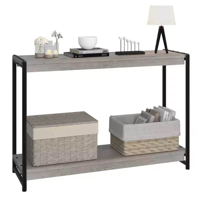 Table console avec rangement - Table basse de style campagnard à 2 niveaux pour salon, entrée (bois rustique et métal, assemblage facile)