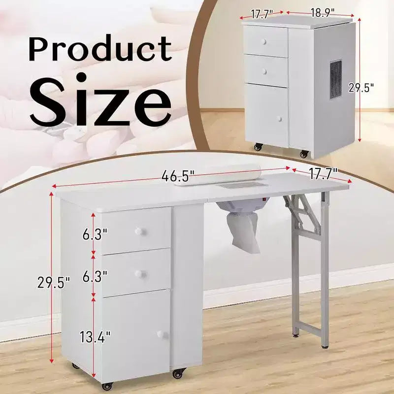 Karlhome Table de manucure rectangulaire de 118 cm en MDF blanc avec 2 tiroirs, armoire, portes et collecteur de poussière électrique