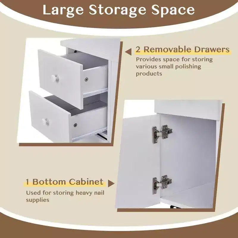 Karlhome Table de manucure rectangulaire de 118 cm en MDF blanc avec 2 tiroirs, armoire, portes et collecteur de poussière électrique