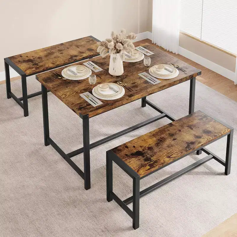 Ensemble de table à manger de ferme CuisinSmart pour 4 personnes, ensemble de table de cuisine de 112 cm avec 2 bancs, ensemble de table de petit-déjeuner rectangulaire de 3 pièces