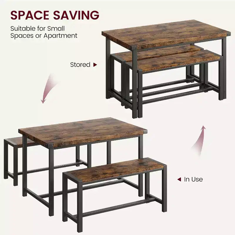Ensemble de table à manger de ferme CuisinSmart pour 4 personnes, ensemble de table de cuisine de 112 cm avec 2 bancs, ensemble de table de petit-déjeuner rectangulaire de 3 pièces