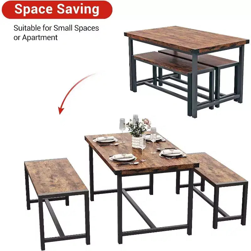 Ensemble de table à manger de ferme CuisinSmart pour 4 personnes, ensemble de table de cuisine de 112 cm avec 2 bancs, ensemble de table de petit-déjeuner rectangulaire de 3 pièces