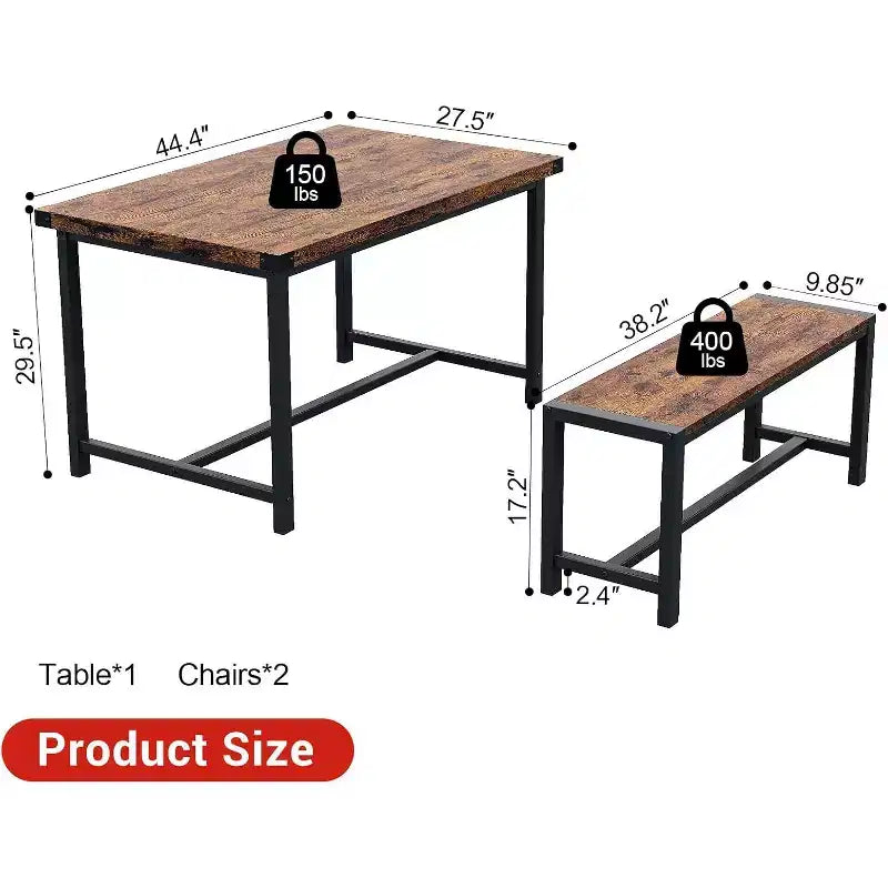 Ensemble de table à manger de ferme CuisinSmart pour 4 personnes, ensemble de table de cuisine de 112 cm avec 2 bancs, ensemble de table de petit-déjeuner rectangulaire de 3 pièces