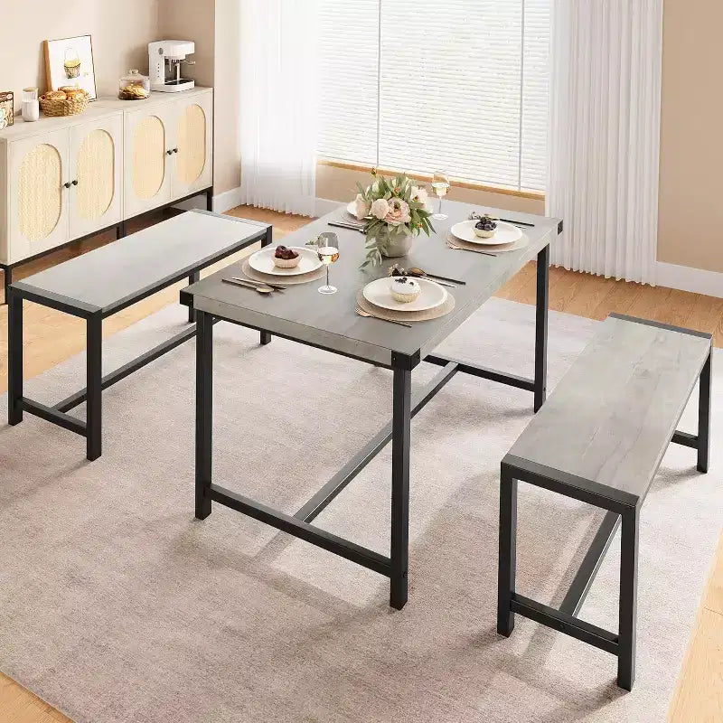 Ensemble de table à manger de ferme CuisinSmart pour 4 personnes, ensemble de table de cuisine de 112 cm avec 2 bancs, ensemble de table de petit-déjeuner rectangulaire de 3 pièces