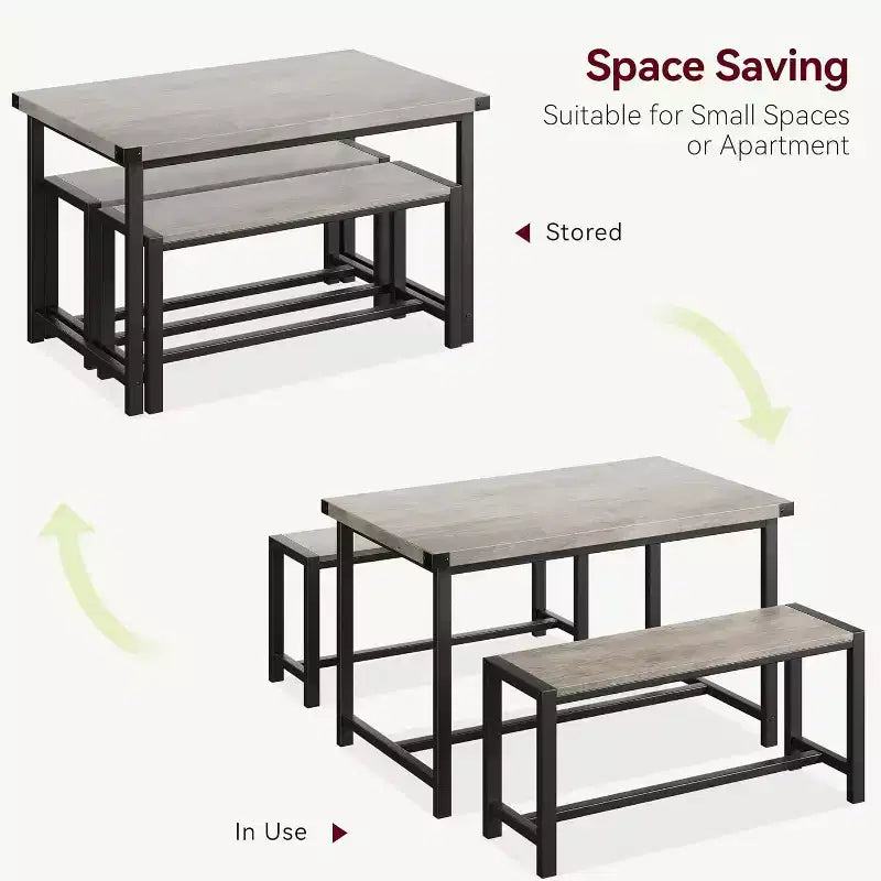 Ensemble de table à manger de ferme CuisinSmart pour 4 personnes, ensemble de table de cuisine de 112 cm avec 2 bancs, ensemble de table de petit-déjeuner rectangulaire de 3 pièces