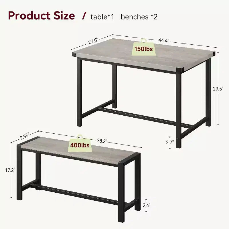 Ensemble de table à manger de ferme CuisinSmart pour 4 personnes, ensemble de table de cuisine de 112 cm avec 2 bancs, ensemble de table de petit-déjeuner rectangulaire de 3 pièces