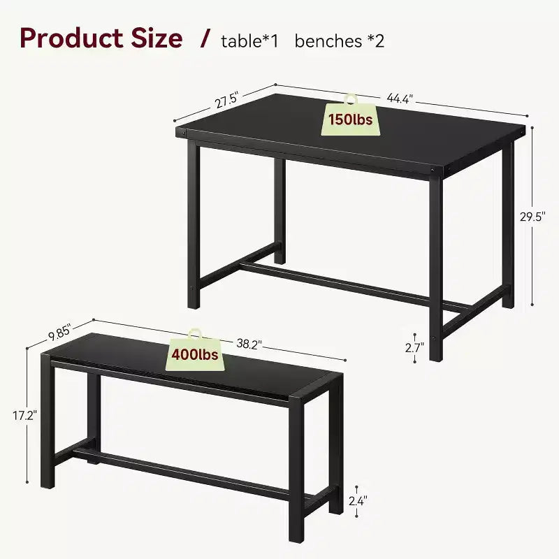 Ensemble de table à manger de ferme CuisinSmart pour 4 personnes, ensemble de table de cuisine de 112 cm avec 2 bancs, ensemble de table de petit-déjeuner rectangulaire de 3 pièces