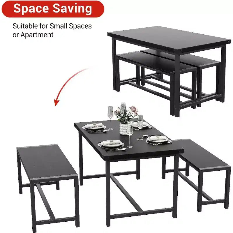 Ensemble de table à manger de ferme CuisinSmart pour 4 personnes, ensemble de table de cuisine de 112 cm avec 2 bancs, ensemble de table de petit-déjeuner rectangulaire de 3 pièces