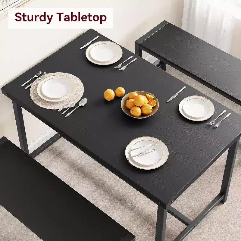 Ensemble de table à manger de ferme CuisinSmart pour 4 personnes, ensemble de table de cuisine de 112 cm avec 2 bancs, ensemble de table de petit-déjeuner rectangulaire de 3 pièces