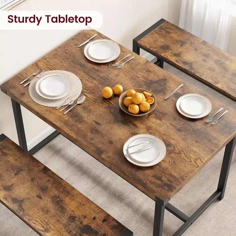 Ensemble de table à manger de ferme CuisinSmart pour 4 personnes, ensemble de table de cuisine de 112 cm avec 2 bancs, ensemble de table de petit-déjeuner rectangulaire de 3 pièces