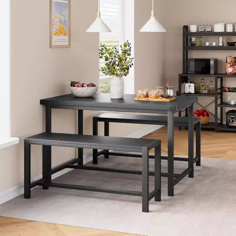 CuisinSmart Farmhouse Dining Table Set for 4 People, 44.4 Kitchen Table Set with 2 Benches, 3 Piece Rectangular Breakfast Table Set