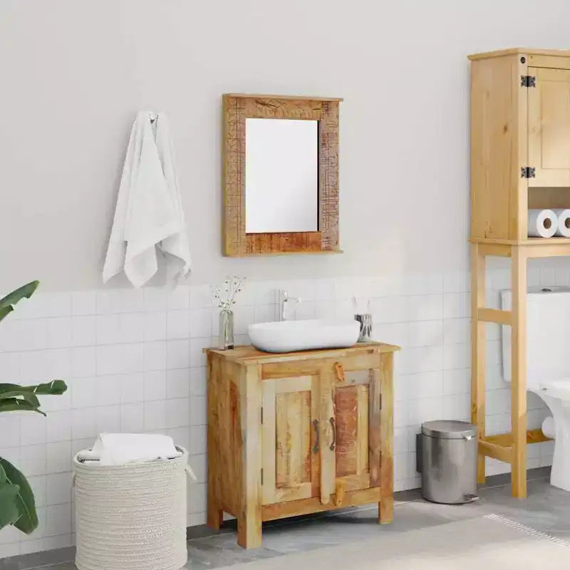 vidaXL Meuble sous-lavabo en Bois de Mangue Massif avec Miroir Style Antique - Unique, Robuste, Meuble de 60 cm avec 2 Étagères et Variations de Grain du Bois