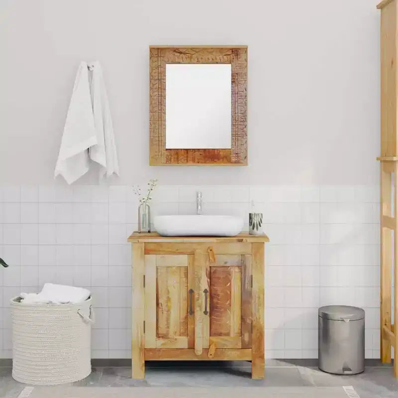 vidaXL Meuble sous-lavabo en Bois de Mangue Massif avec Miroir Style Antique - Unique, Robuste, Meuble de 60 cm avec 2 Étagères et Variations de Grain du Bois