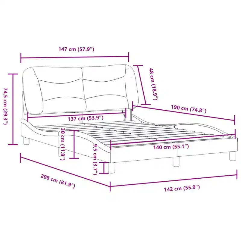 Cadre de lit complet vidaXL à LED Noir/Blanc - 137x190 cm avec finition en similicuir, lattes en contreplaqué et coussin de tête de lit confortable