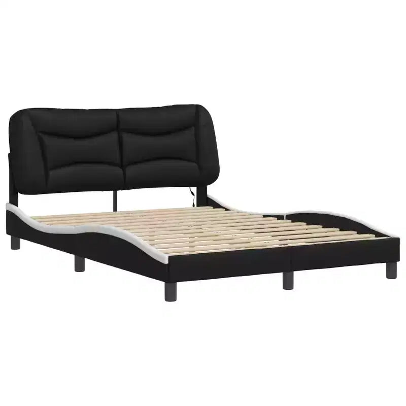 Cadre de lit complet vidaXL à LED Noir/Blanc - 137x190 cm avec finition en similicuir, lattes en contreplaqué et coussin de tête de lit confortable