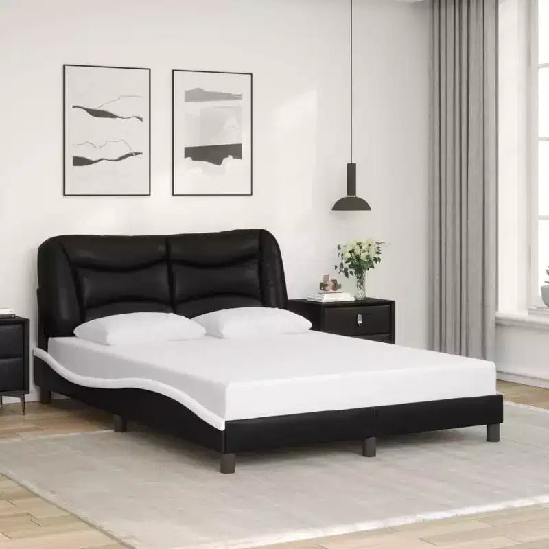 Cadre de lit complet vidaXL à LED Noir/Blanc - 137x190 cm avec finition en similicuir, lattes en contreplaqué et coussin de tête de lit confortable