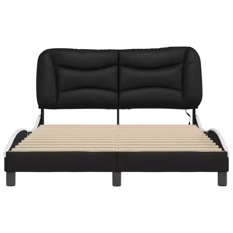 Cadre de lit complet vidaXL à LED Noir/Blanc - 137x190 cm avec finition en similicuir, lattes en contreplaqué et coussin de tête de lit confortable