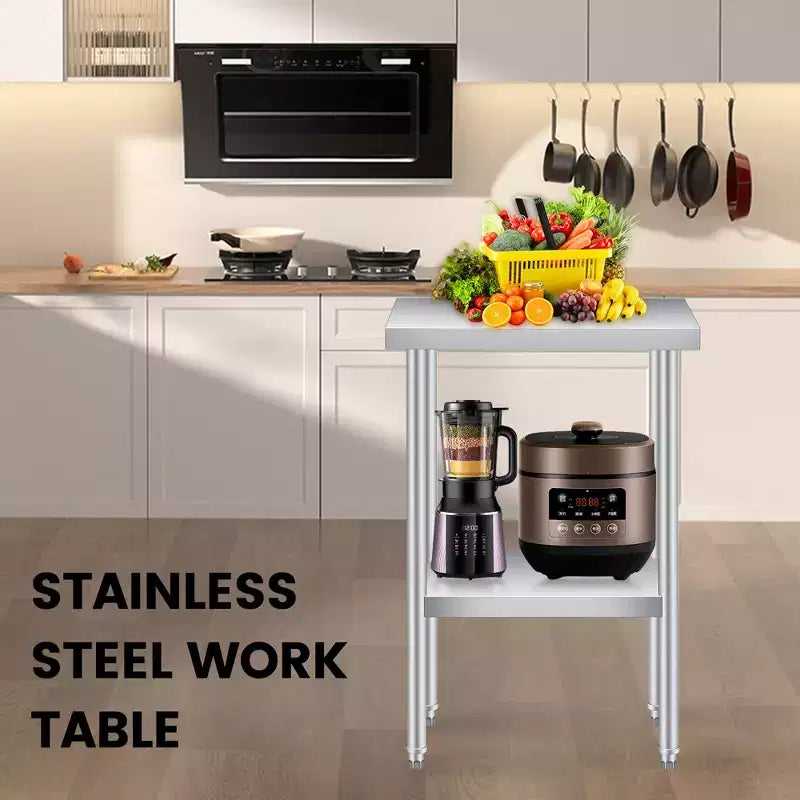 Stainless Steel Table, Heavy Duty Worktable with Adjustable Undershelf and Locking Casters, 2 Tier Metal Prep Table for Kitchen, Restaurant, Garage