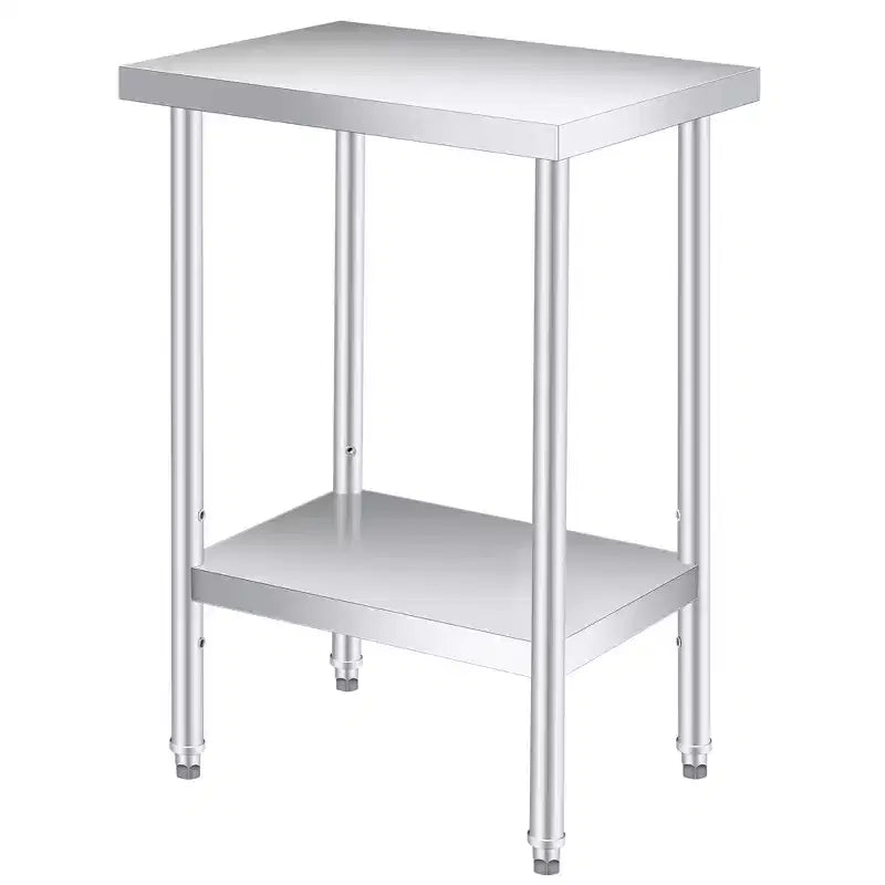 Table en acier inoxydable, plan de travail robuste avec étagère inférieure réglable et roulettes verrouillables, table de préparation en métal à 2 niveaux pour cuisine, restaurant, garage