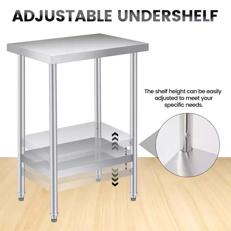Table en acier inoxydable, plan de travail robuste avec étagère inférieure réglable et roulettes verrouillables, table de préparation en métal à 2 niveaux pour cuisine, restaurant, garage