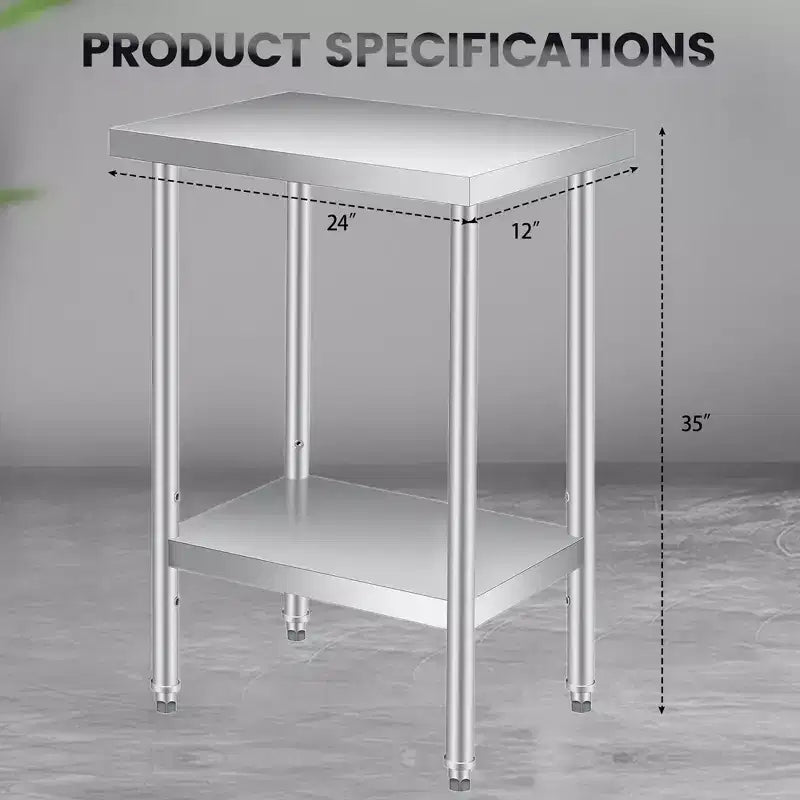 Table en acier inoxydable, plan de travail robuste avec étagère inférieure réglable et roulettes verrouillables, table de préparation en métal à 2 niveaux pour cuisine, restaurant, garage