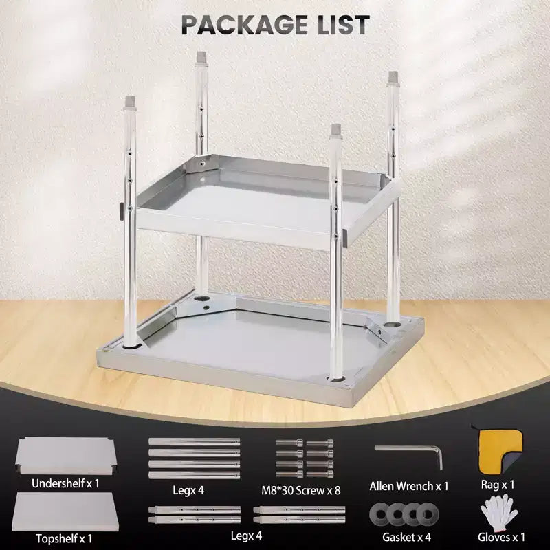 Table en acier inoxydable, plan de travail robuste avec étagère inférieure réglable et roulettes verrouillables, table de préparation en métal à 2 niveaux pour cuisine, restaurant, garage