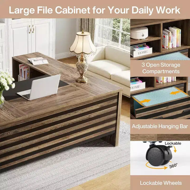 Ensemble de bureau MAYEERTY 62.2 : Caisson mobile, capacité de 204 kg, design rayé noir et gris