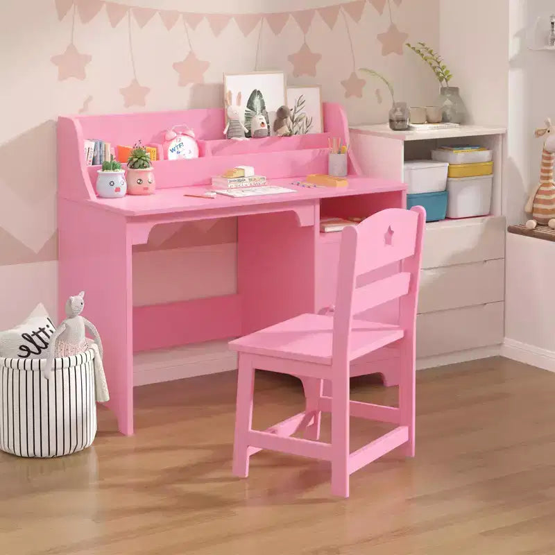 Kids Desk and Chair Set, Wooden Children Study Table with Storage Cabinet & Hutch, Student Writing Table for 3-12 Years Girls Boys Bedroom Nursery