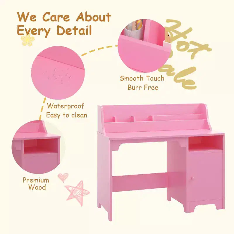 Ensemble bureau et chaise pour enfants, table d'étude en bois pour enfants avec armoire de rangement et étagère, bureau d'écriture pour étudiants pour filles et garçons de 3 à 12 ans, chambre d'enfant
