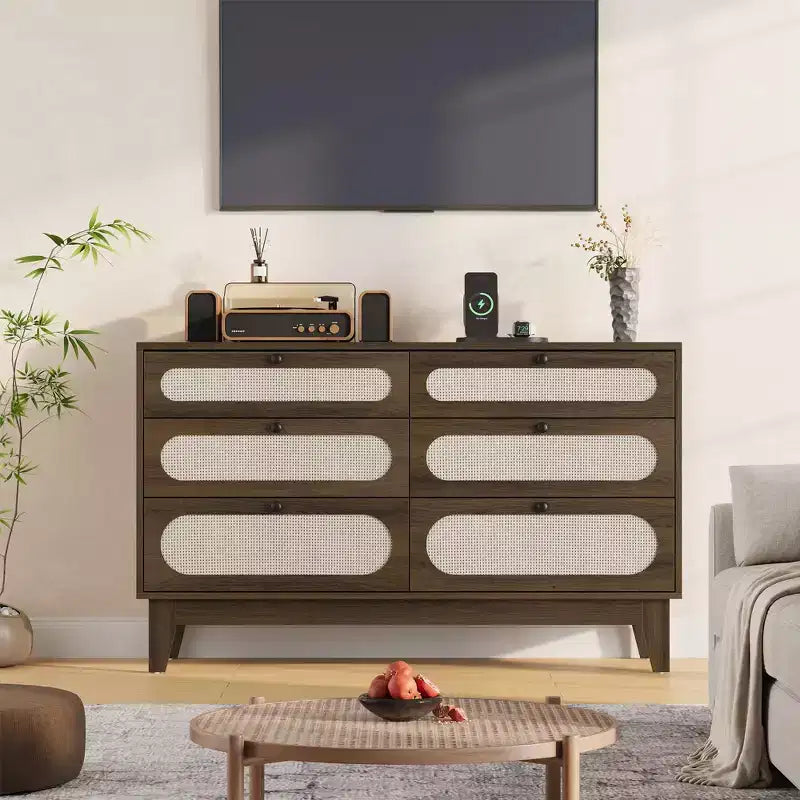 52.1 Rattan Bedroom Dresser, 6 Drawer Wood Dresser - Frame Feet, Charging Station, Large