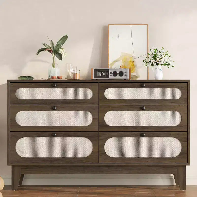 52.1 Commode de chambre en rotin, commode en bois à 6 tiroirs - Pieds en bois, station de charge, grande