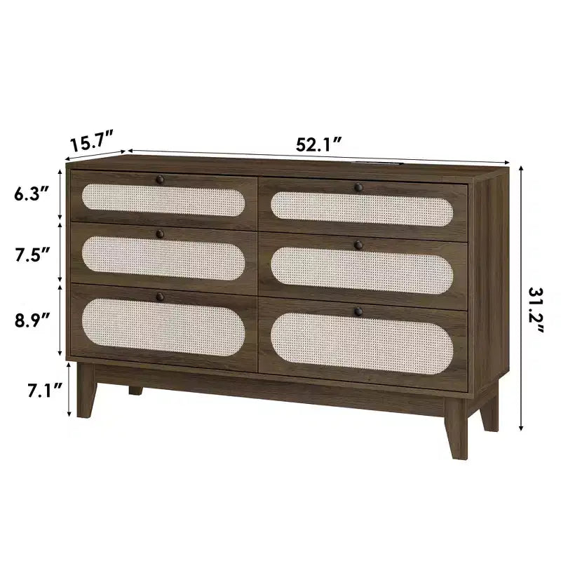 52.1 Commode de chambre en rotin, commode en bois à 6 tiroirs - Pieds en bois, station de charge, grande